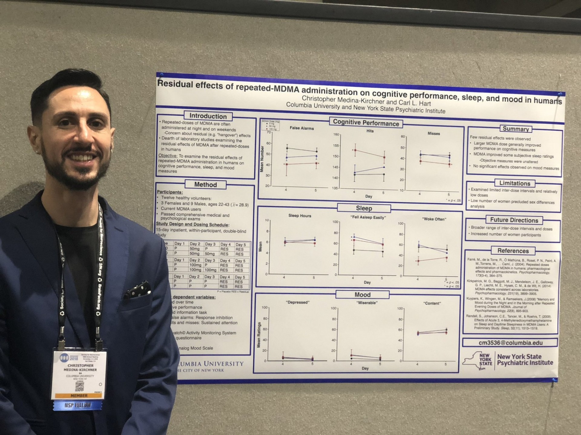 Christopher Medina-Kirchner presented his poster, “Residual effects of repeated-MDMA administration on cognitive performance, sleep, and mood in humans” at the Diversity Poster Session for the Neuroscience Scholars Program.